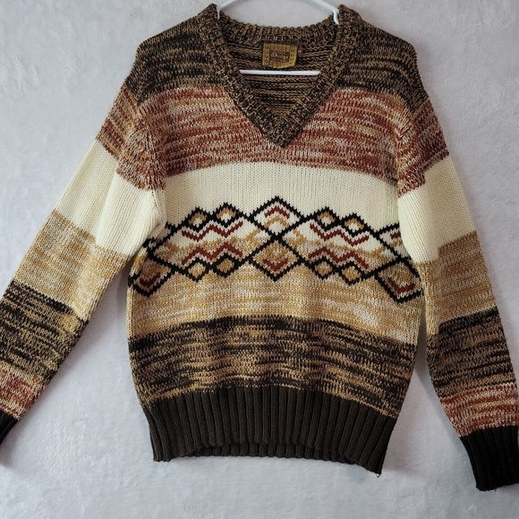 VTG D'Amigo Men's V-Neck Sweater Size Medium Brown Color Block Diamond Pattern - Picture 1 of 16